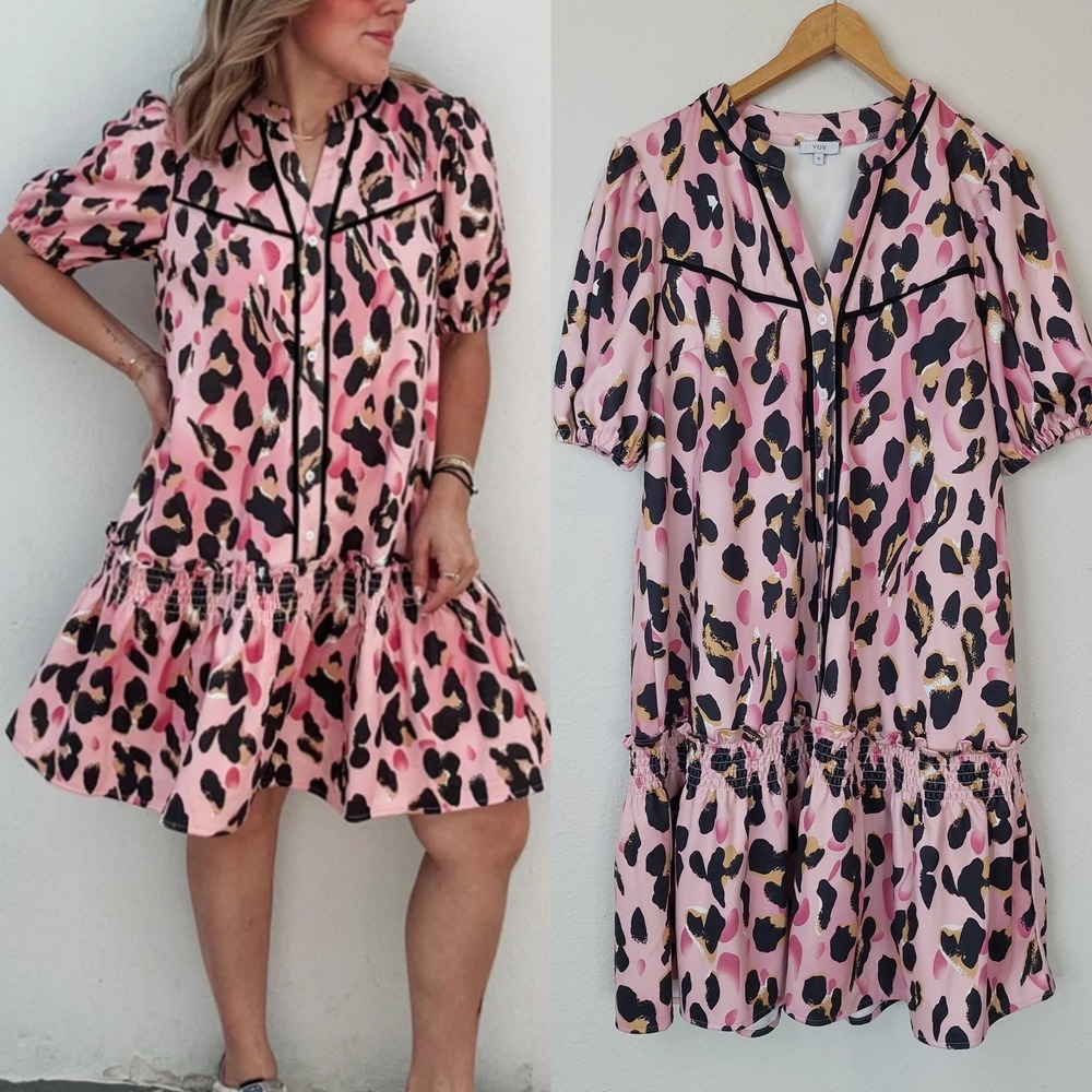 Pink Leopard Print Ruffle Hem Shirt Dress